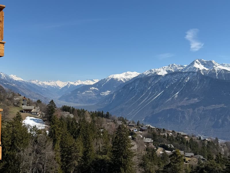 Mountains, trees, houses, clear sky, snow-capped peaks, valley, distant village