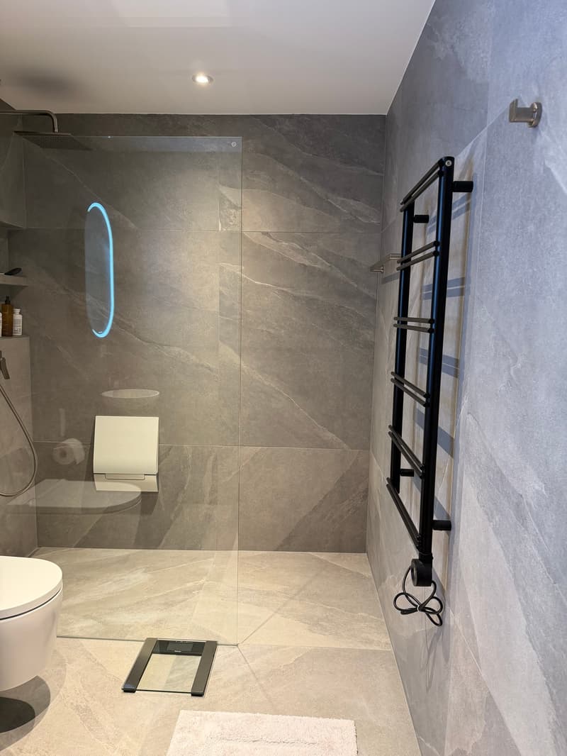 Modern bathroom with glass shower enclosure, white toilet, black towel rack, and tiled floor.