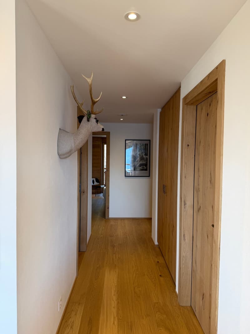 wooden floor, white walls, mounted deer head, picture frame, wooden doors