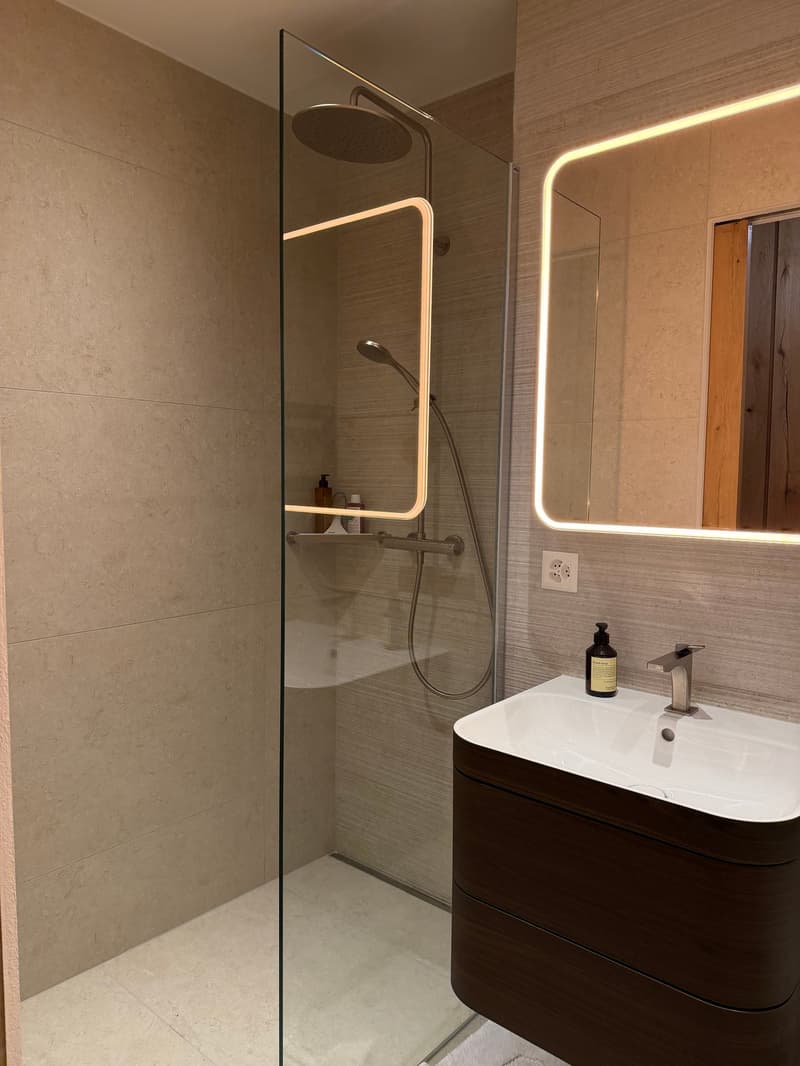 Modern bathroom with glass shower enclosure, white sink, wooden cabinet, illuminated mirror, and shower head.