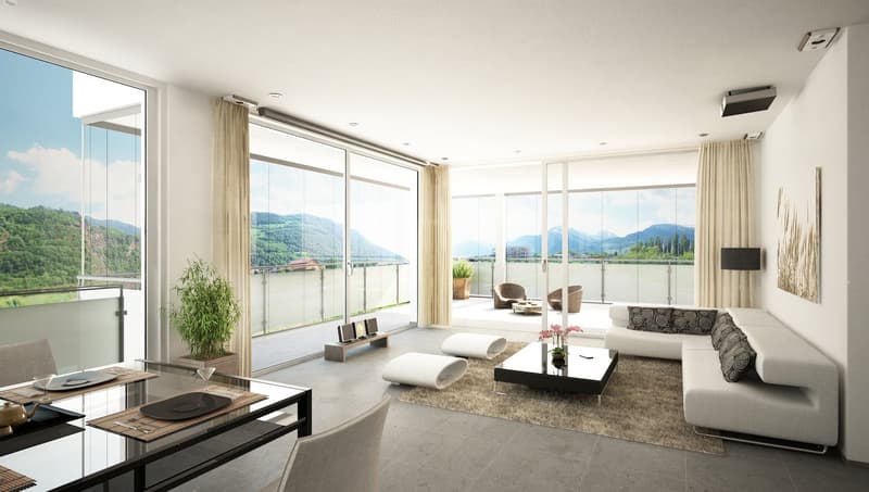 large glass wall, balcony with view, grey sofa, table, dining area, carpet, potted plants, lamp