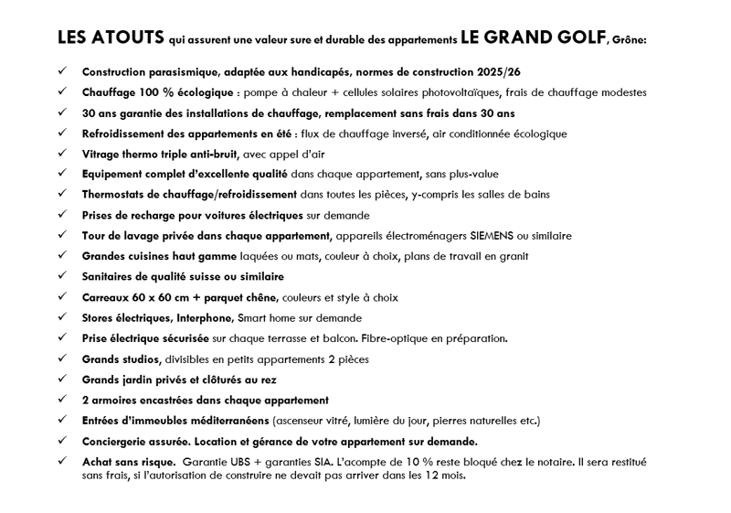 Property details for Les Atouts, featuring eco-friendly heating, refurbishment, private washing machines, enclosed garages, and more.