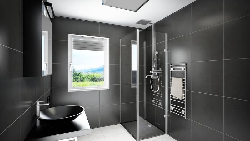 A modern minimalist bathroom with a shower area, a window, and a tiled floor.