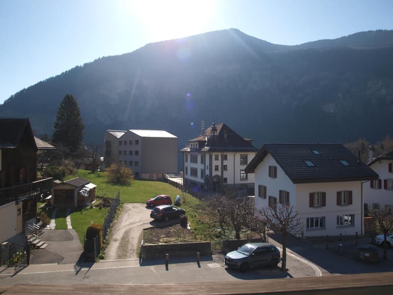 Mountain view, several houses, cars parked, pathway, greenery, mountain in the background