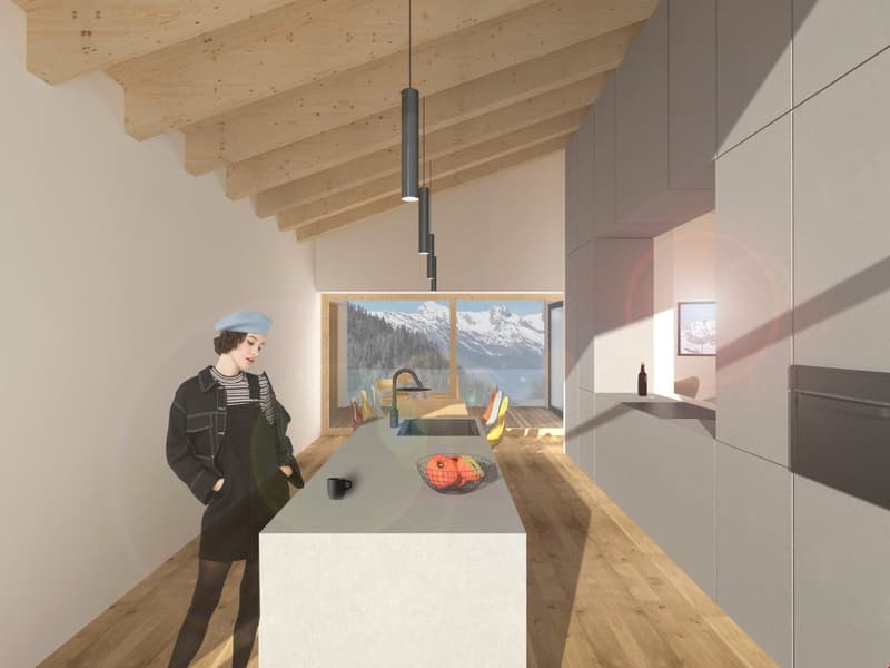 modern kitchen with island, wooden beams, sink, faucet, large window with view of mountains