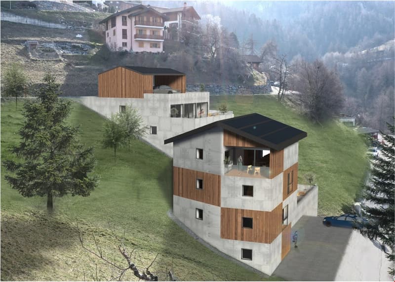 Two-story house with wooden panels and concrete base, solar panels on the roof, garage on the first floor, mountain views