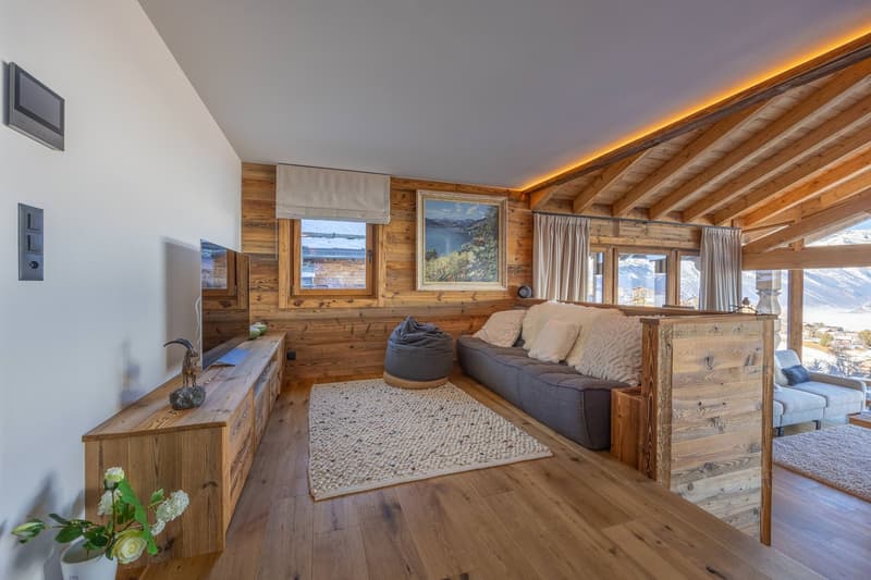 Living room with wooden wall, carpet, sofa, coffee table, entertainment center, TV, rug, picture frame, large windows, curtains