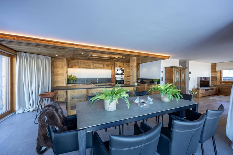 Dining area with wooden ceiling and modern furnishings, large dining table, chairs, glass walls, carpet, potted plants