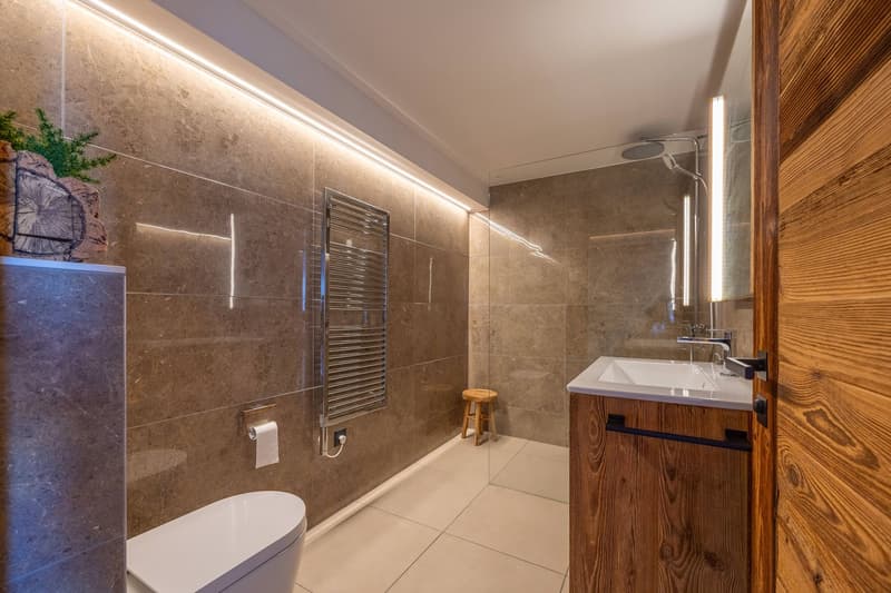 modern and minimalistic bathroom with wooden door, gray tiles, white sink, modern faucet, shower, toilet, wooden stool, towel rack, toilet paper holder, lights