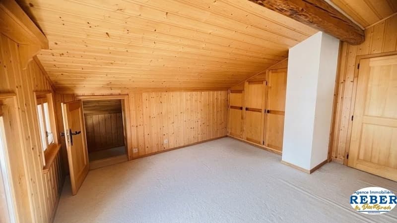 empty room, wooden walls, white ceiling, white floor, wooden doors, windows, built-in wardrobes