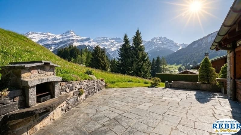 stone wall, stone fireplace, green grass, trees, mountains