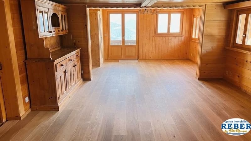 wooden floor, wooden wall, large windows, wooden cabinet, power outlet