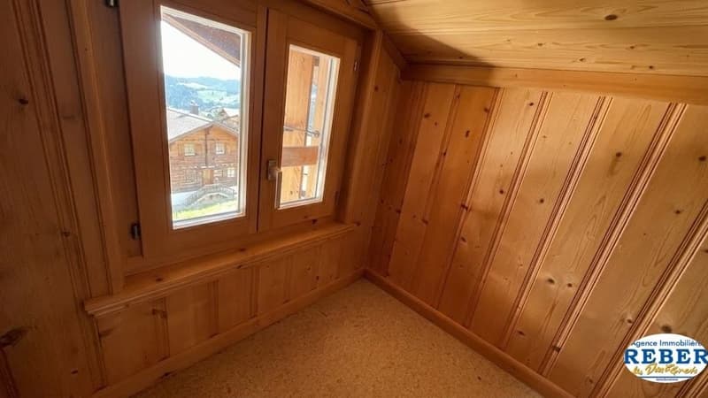 wooden walls, carpeted floor, window with view of mountains