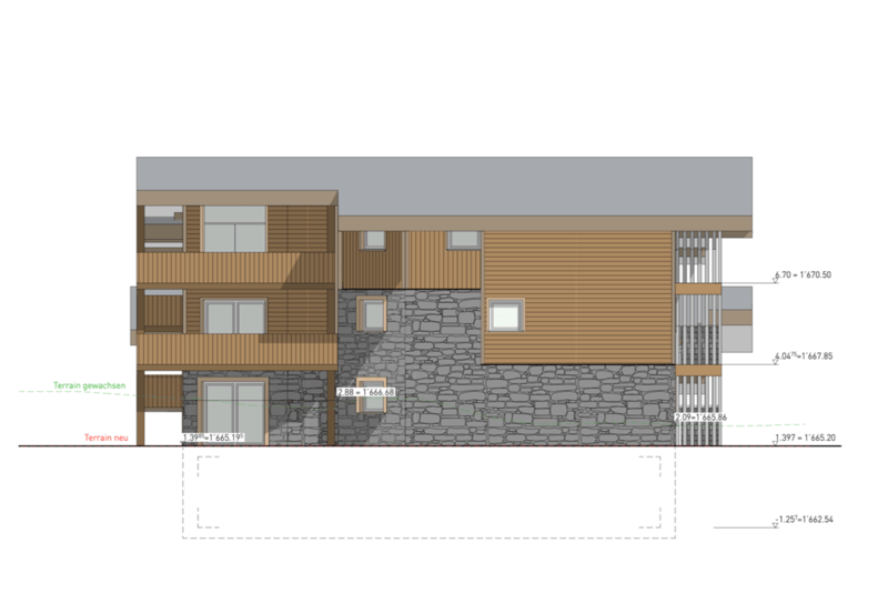Three story house, stone wall, wooden exterior, balconies, terrace
