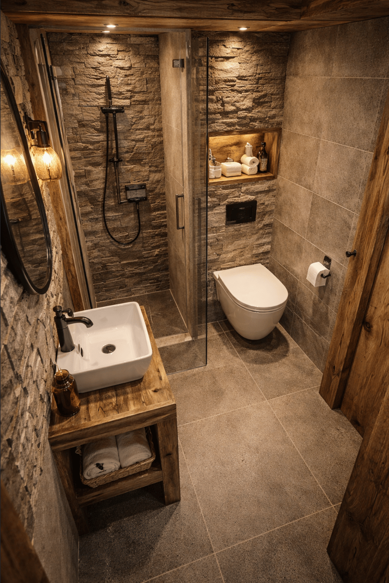 Small, open-plan bathroom, sink on countertop, toilet in corner, stone walls, wood floor, shower enclosure, wooden door