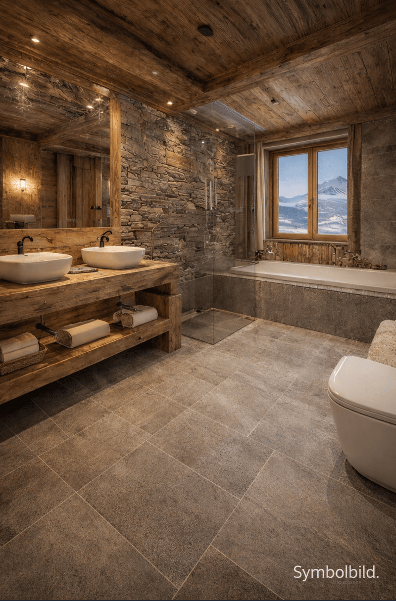Two white sinks, separate shower, freestanding bathtub, toilet, wooden walls, tiled floor, wooden shelves, wall-mounted lamp, window with view