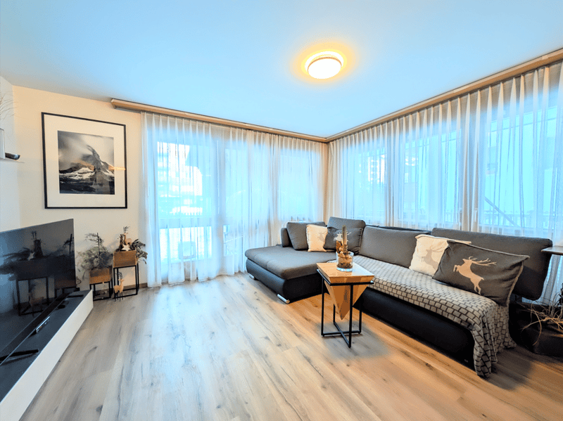 modern living room with a large sofa, a coffee table, a flat screen TV, and a picture frame on the wall