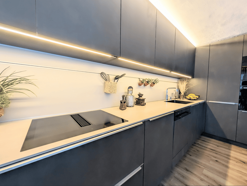 modern kitchen, dark cabinets, white countertops, induction cooktop, dishwasher, sink, faucet, plants, utensils