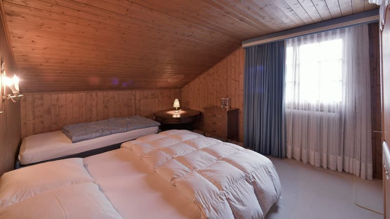 A room with two beds, nightstand, lamp, window, curtains, wooden walls, ceiling, carpeted floor.
