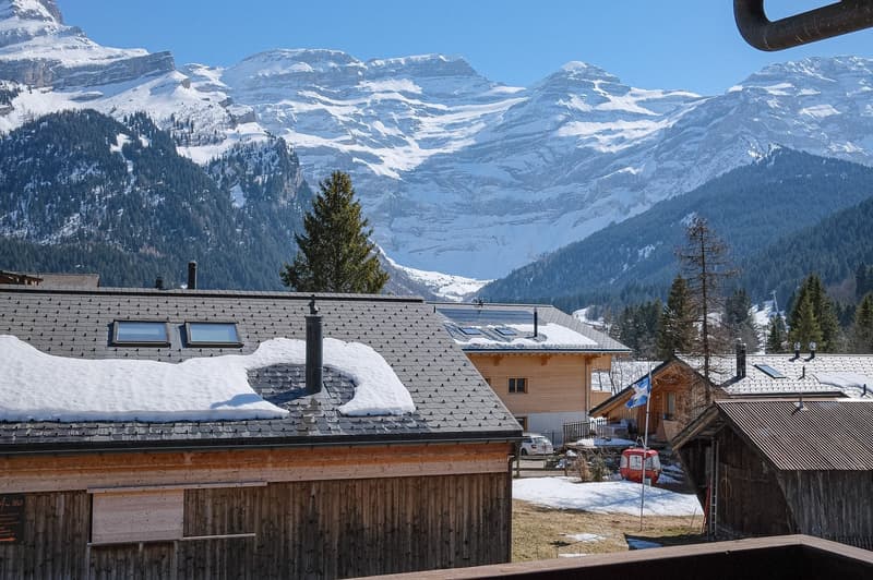 Wooden house, snow on the roof, mountains in the background, solar panels on the roof