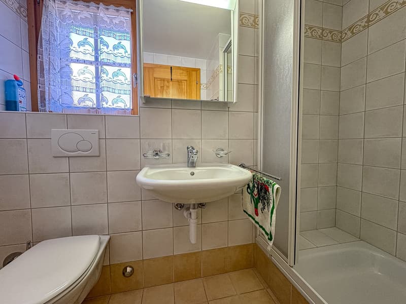 white tiled walls, white toilet, white sink, glass shower enclosure, towel hanging on the wall