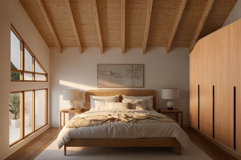 modern room with wooden bed, two nightstands, lamps, and large windows