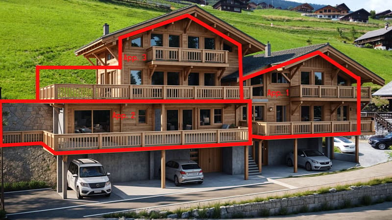 Detached wooden chalet, with three separate apartments on different floors, each with balconies, garage with 4 parking spaces