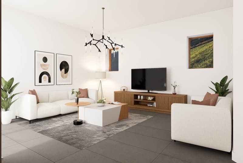 modern living room, white couches, wooden table, TV, wooden entertainment center, potted plants, modern lighting