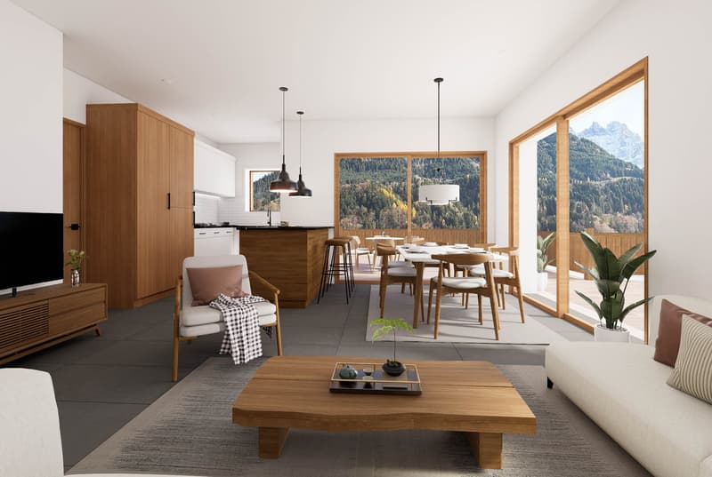 Open concept living and dining area, gray tile floor, glass windows, wooden coffee table, couch, chair, TV, dining table and chairs, kitchen island, large wooden cabinet, kitchen countertop with stools, potted plants