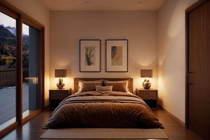 double bed, wooden flooring, carpet, nightstands with lamps, framed pictures on wall, large window