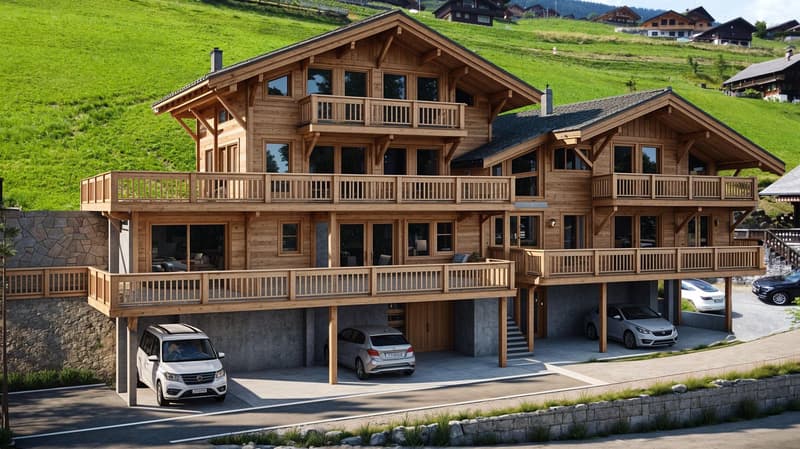 3 story chalet, wooden exterior, multiple balconies, attached garage for 5 cars
