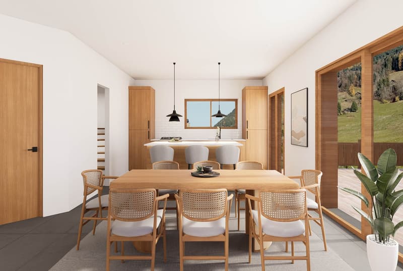 Wooden table and chairs, gray carpet, wooden cabinets, large windows with balcony, kitchen