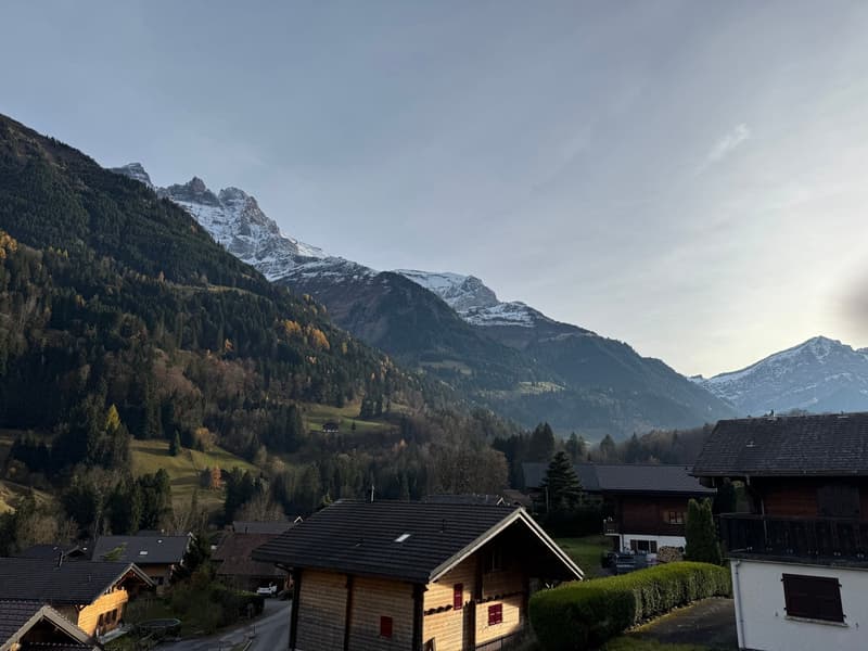 Village with traditional houses, surrounded by mountains, alpine landscape, snowy peaks, autumnal colors