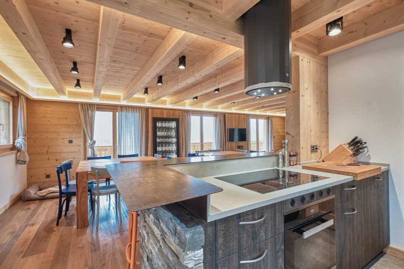 Stone countertop, modern appliances, wooden floor, wood-paneled walls, dining area, large windows