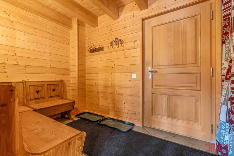 Wooden walls and ceiling, wooden bench with storage compartments, wooden door, rug on the floor
