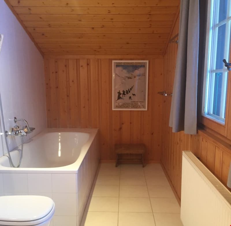 Bathroom with wooden paneled walls, a large bathtub, and a framed artwork on the wall