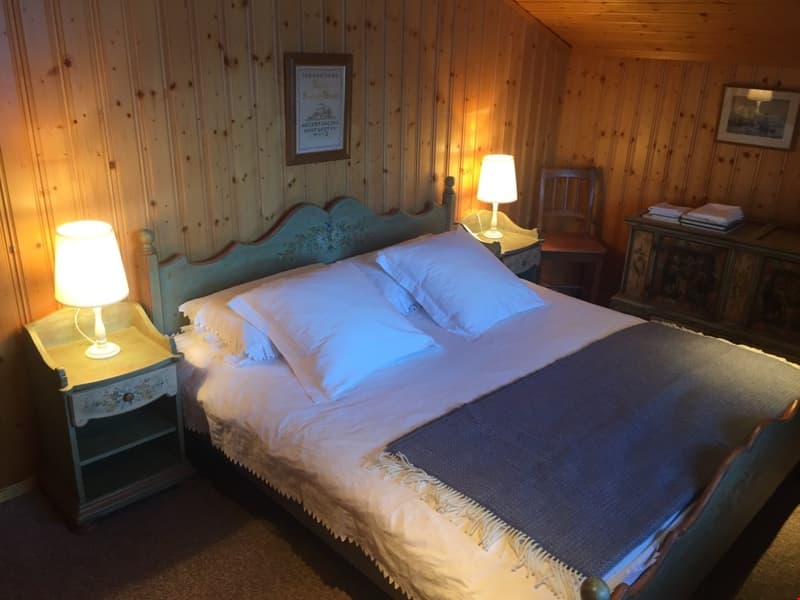 Cozy bedroom with wooden walls, a large bed with blue bedding, two nightstands with lamps, and a framed artwork on the wall. There appears to be a fireplace in the room as well.