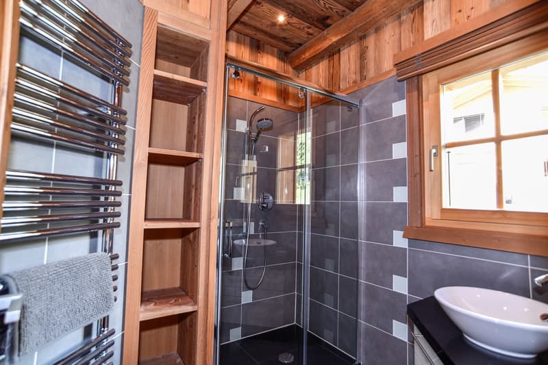 Rustic bathroom with wooden walls and ceiling, glass shower enclosure, chrome towel warmer, and built-in shelving