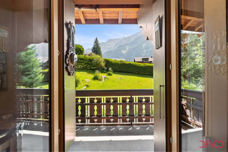 wooden balcony, view of green grassy field, mountains in the distance, wooden door