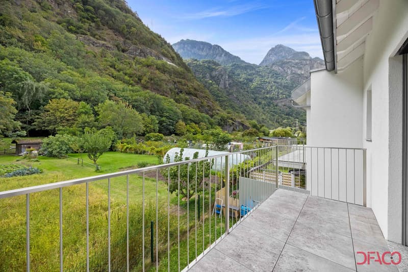 Terrace overlooking a valley with mountains, plants, and trees
