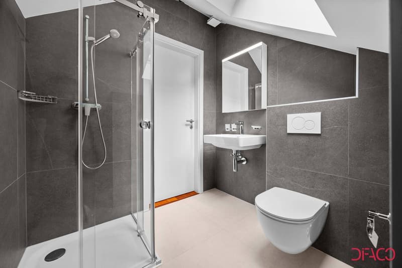 Modern shower stall, vanity sink, toilet, tiled walls, modern lighting