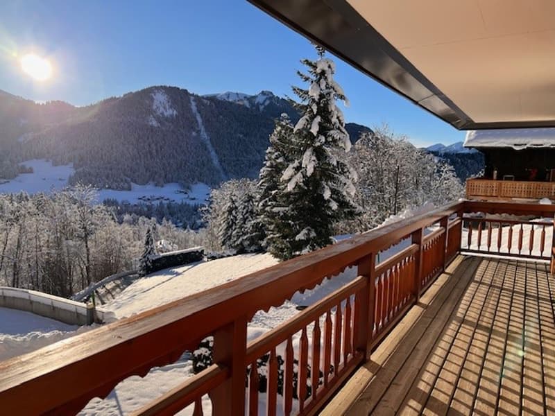 Terrace with wooden railings and snowy landscape view