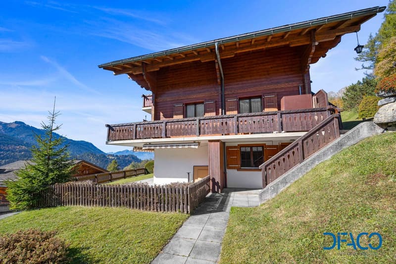 two-story wooden chalet, balcony, wooden fence, mountainous area