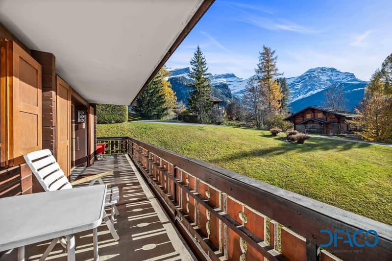 Outdoor balcony with wooden railing, a patio table and chairs, with a view of the grassy field and the mountains in the background.