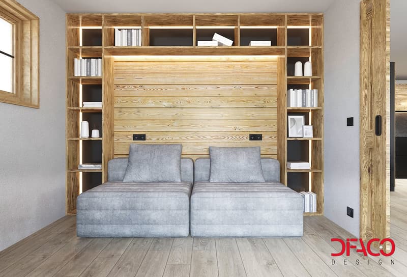 living room, L-shaped sofa, wooden shelves, warm lighting