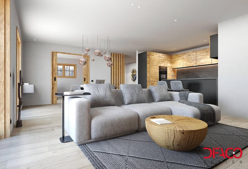 grey sofa, wooden coffee table, rug, modern pendant lights, wooden elements, open space to dining room and kitchen