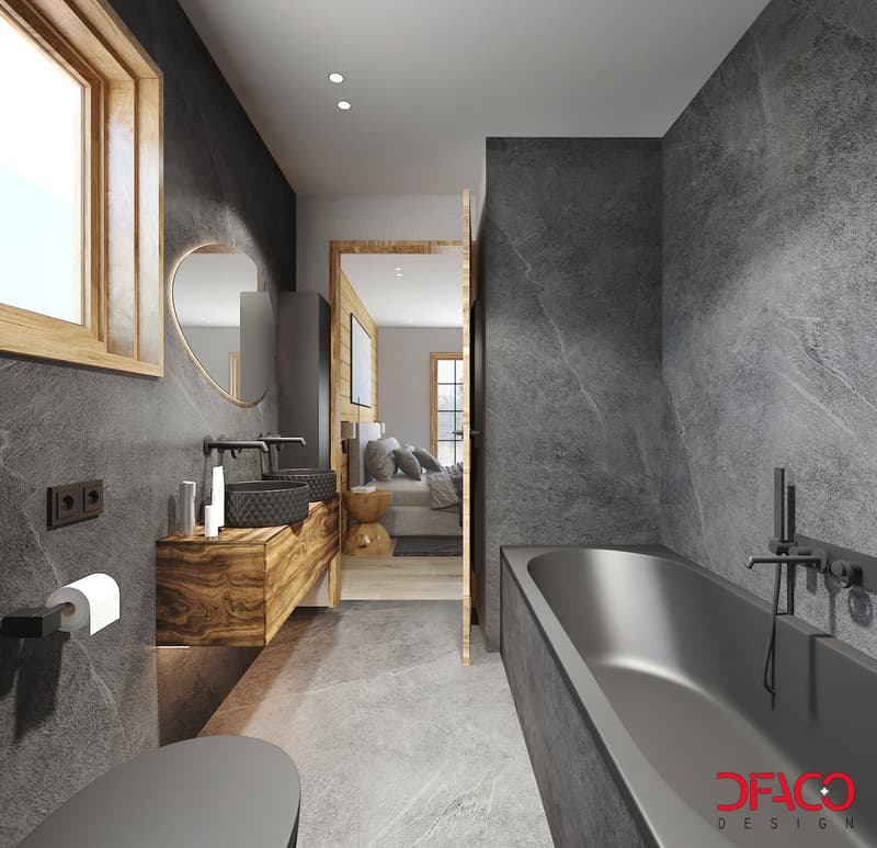 a modern bathroom with gray marble tiles, wooden vanity with double sink, separate shower area, toilet, mirror, and a bathtub with faucets