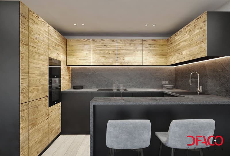 modern kitchen, wooden and black cabinetry, granite countertop, built-in oven, stainless steel sink, gray bar stools, ceiling recessed lighting