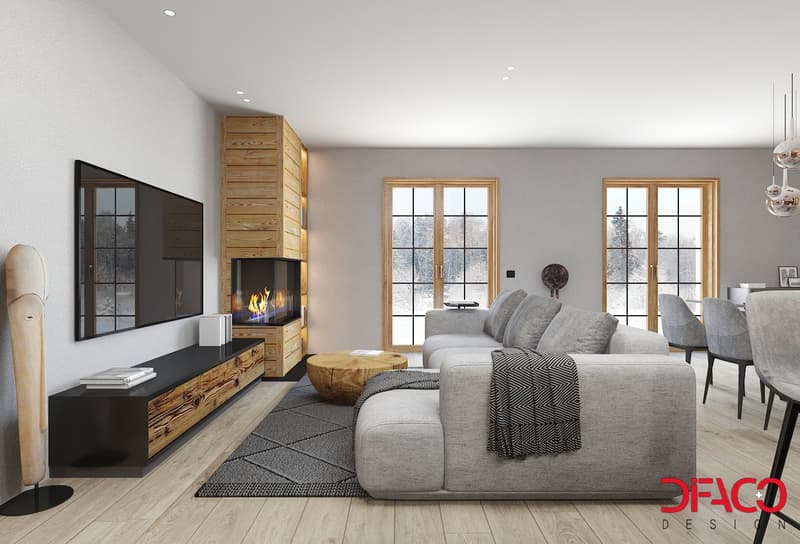 Fireplace, flat-screen TV, entertainment center, couch, coffee table, rugs, wooden floor