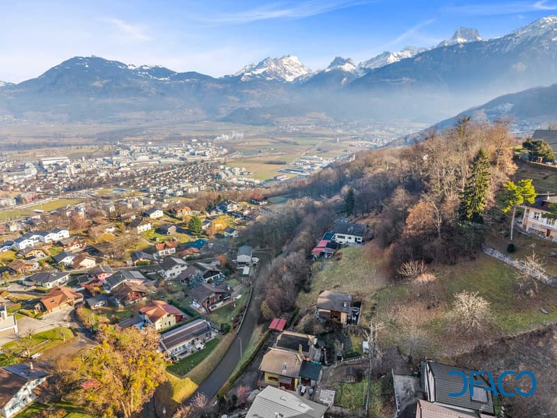 Town with many houses, mountainous area, visible valley, distant mountains, roads, trees